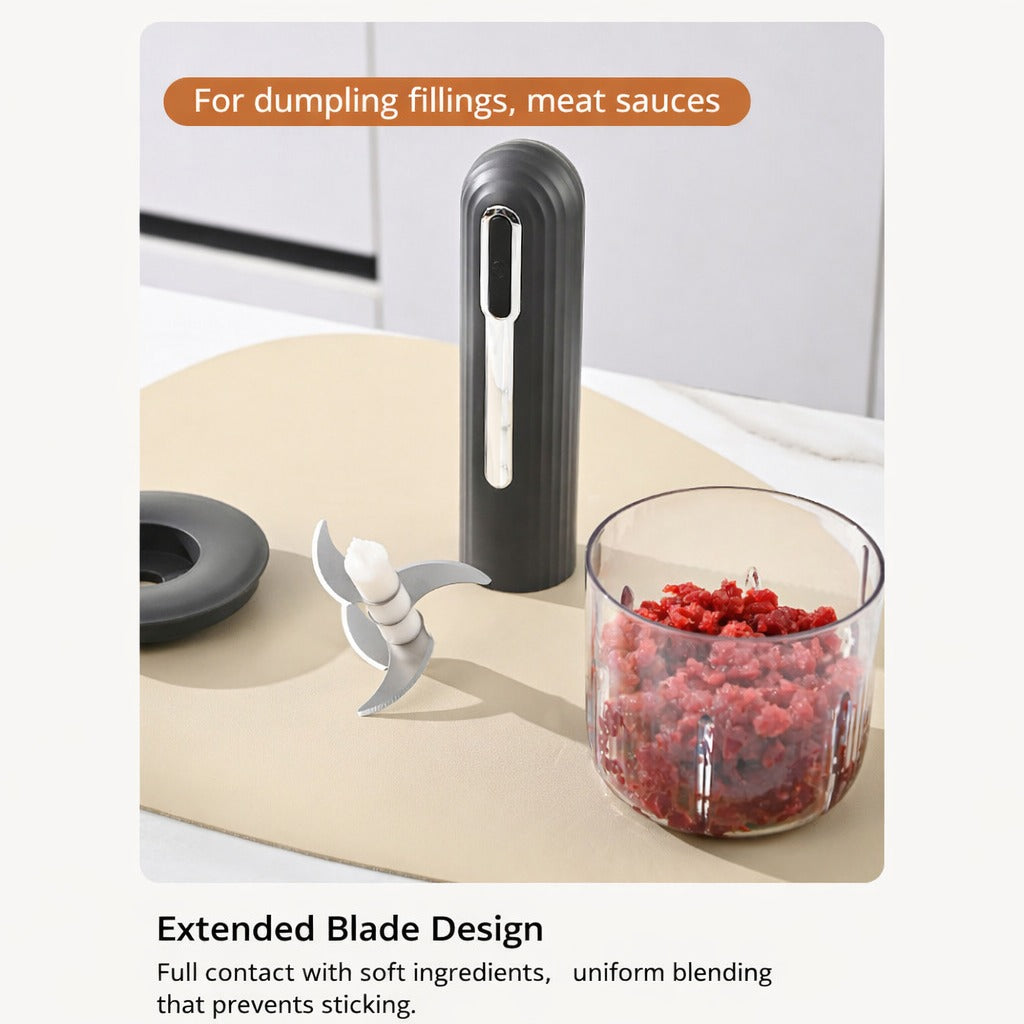 USB rechargeable food processor blender shown on a kitchen counter with detachable blades, glass bowls filled with minced meat.