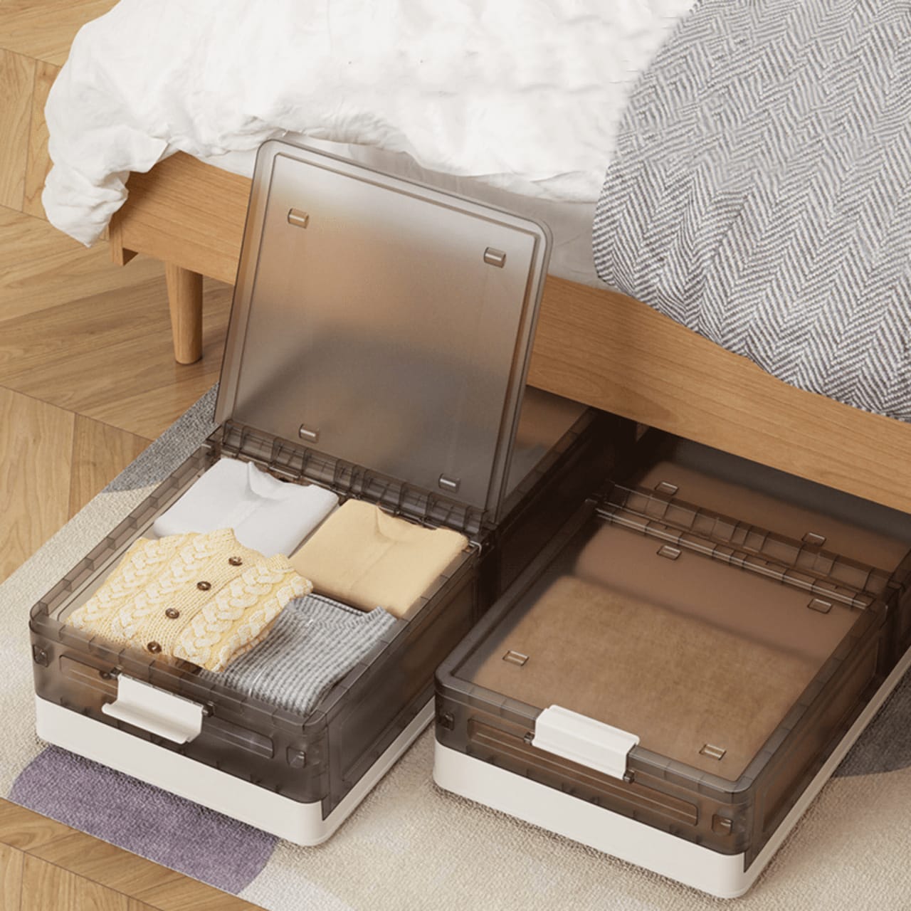 Foldable Under Bed Rolling Storage Organizer Container With Cloths.