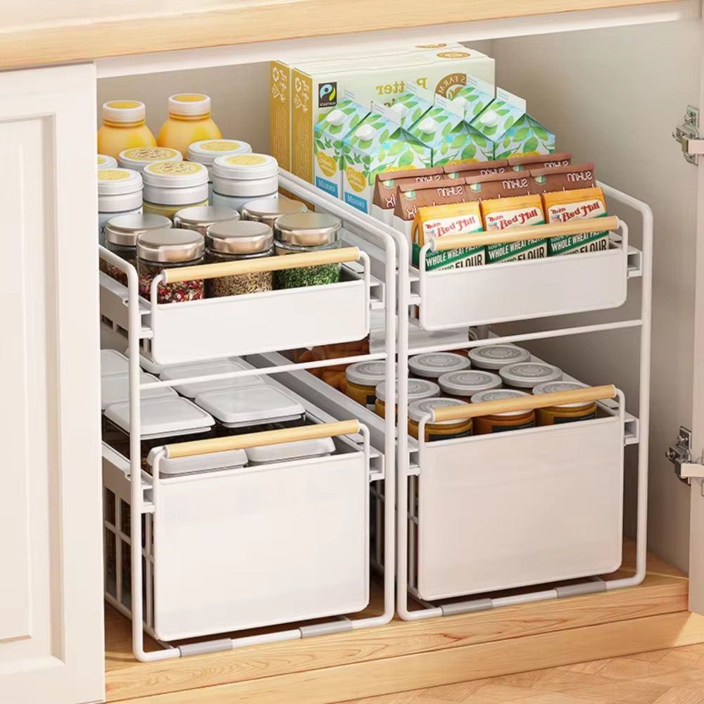 Kitchen Essentials are Organized at Under Sink Storage Rack.