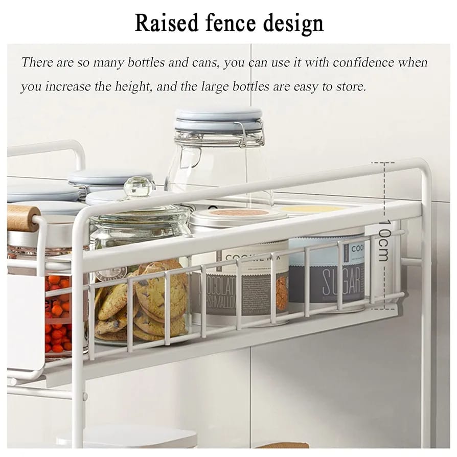 Kitchen Essentials are Organized at Under Sink Storage Rack.