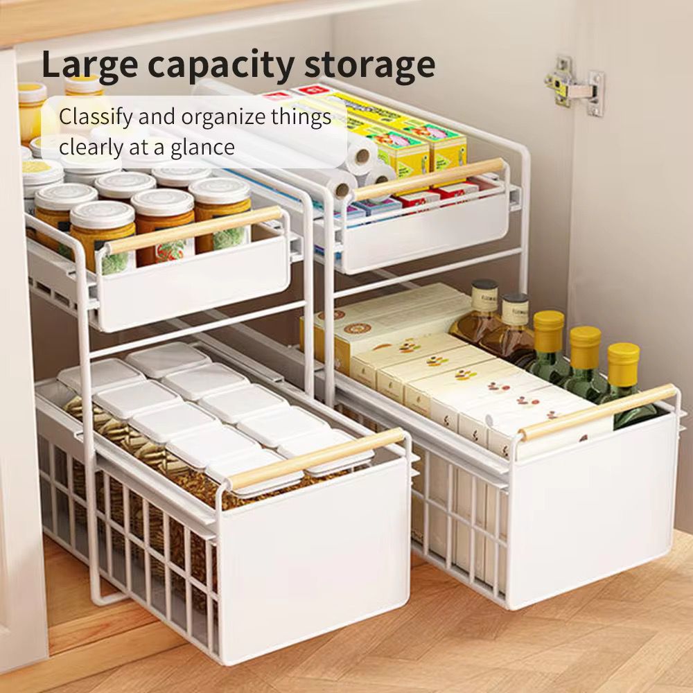 Kitchen Essentials are Organized at Under Sink Storage Rack.