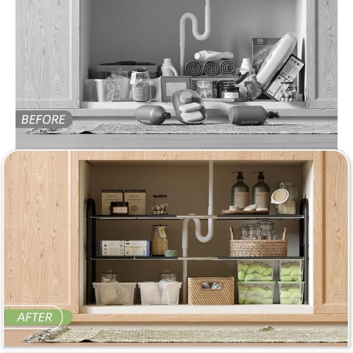 Before and After Use Of Under Sink Storage Rack is Placed Under Kitchen Sink.