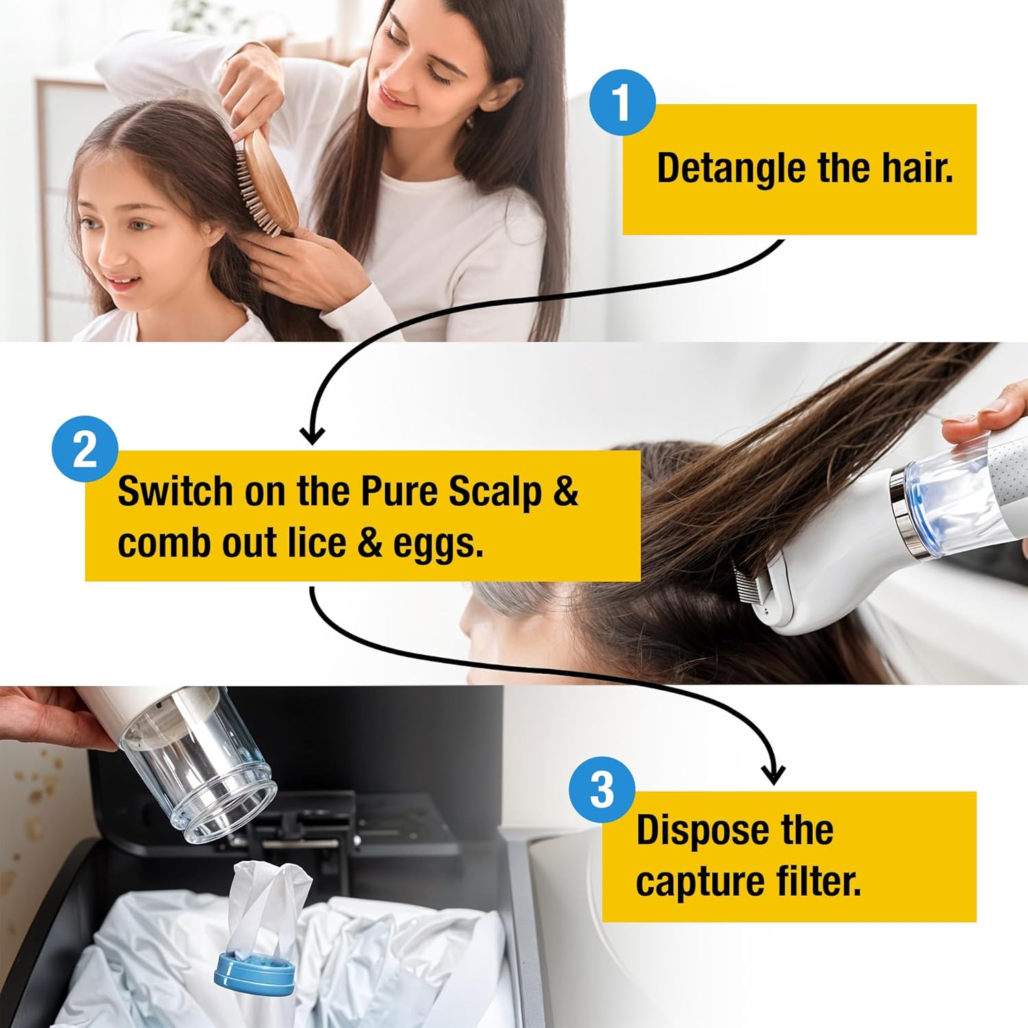 A woman is Removing Lices From Her Daughter's Hair Using V-COMB Electric Head Lice Remover.