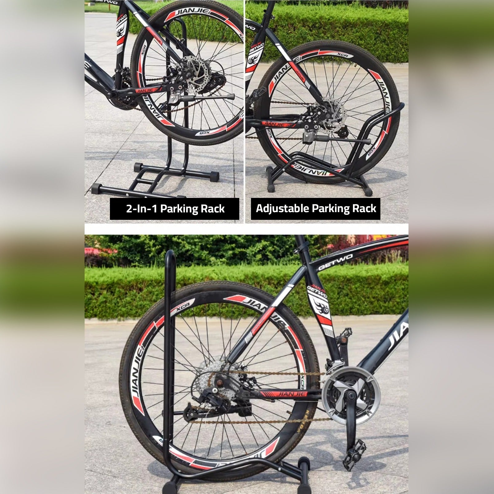 A Cycle is Parked Using Vertical Bike Stand.