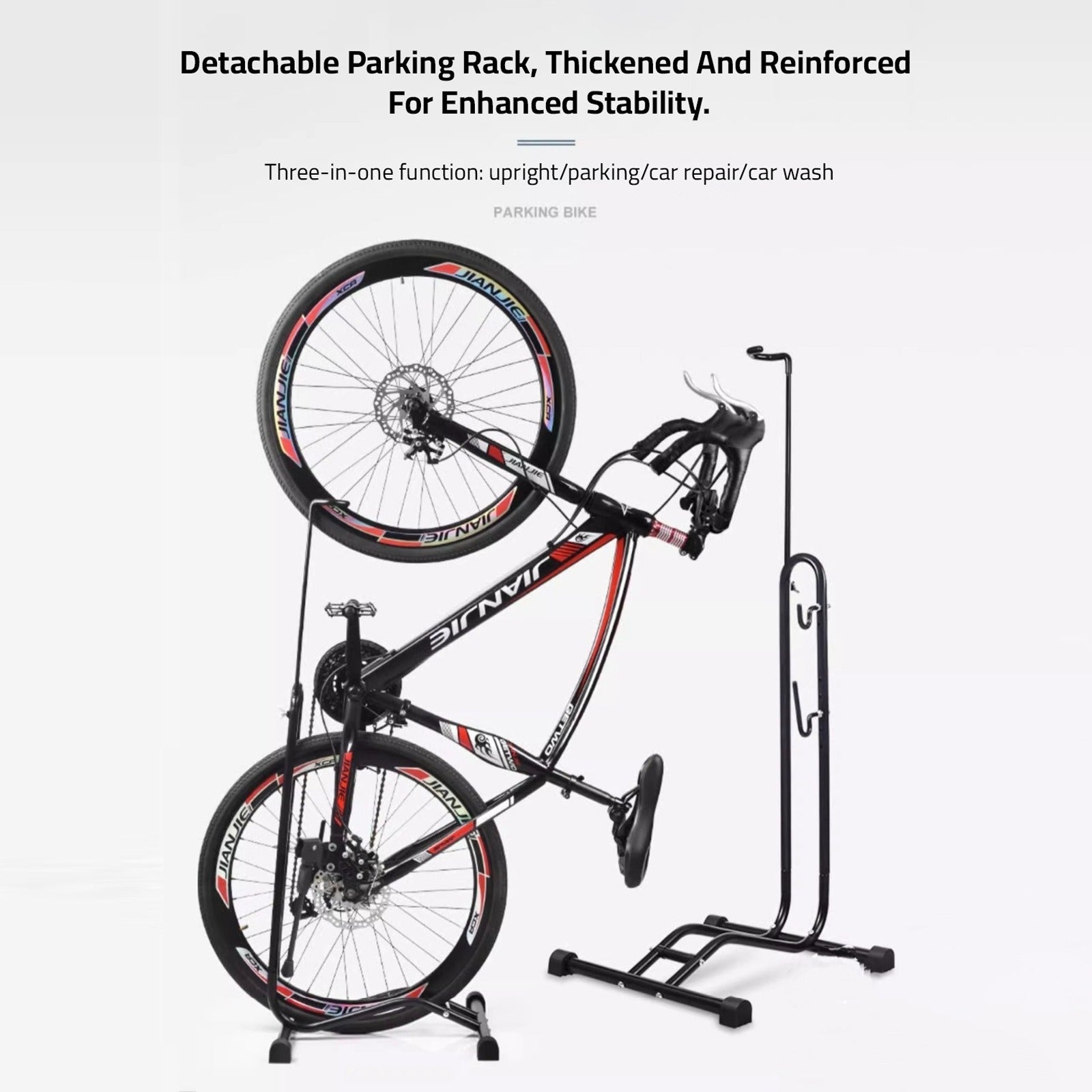 A Cycle is Parked Vertically Using Vertical Bike Stand.
