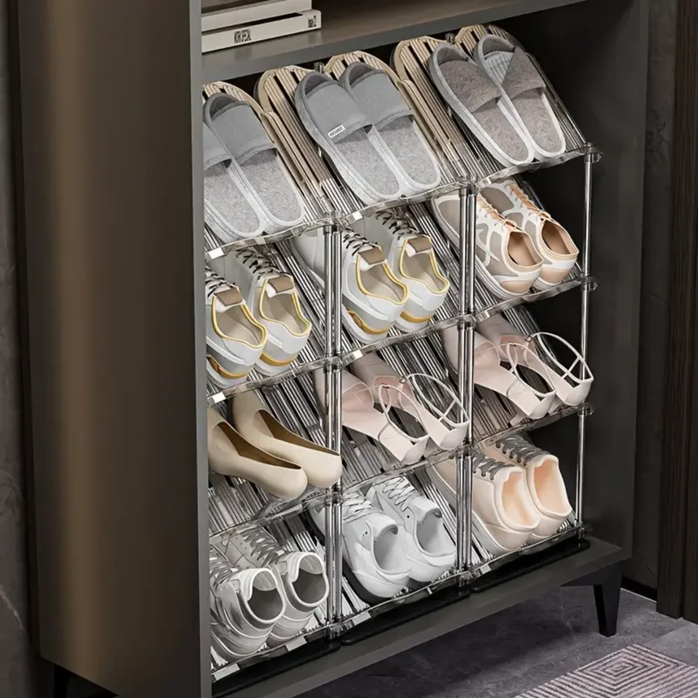 Shoes are Organized in a Vertical Shoe Rack Organizer Stand and Kept Inside a Wardrobe.