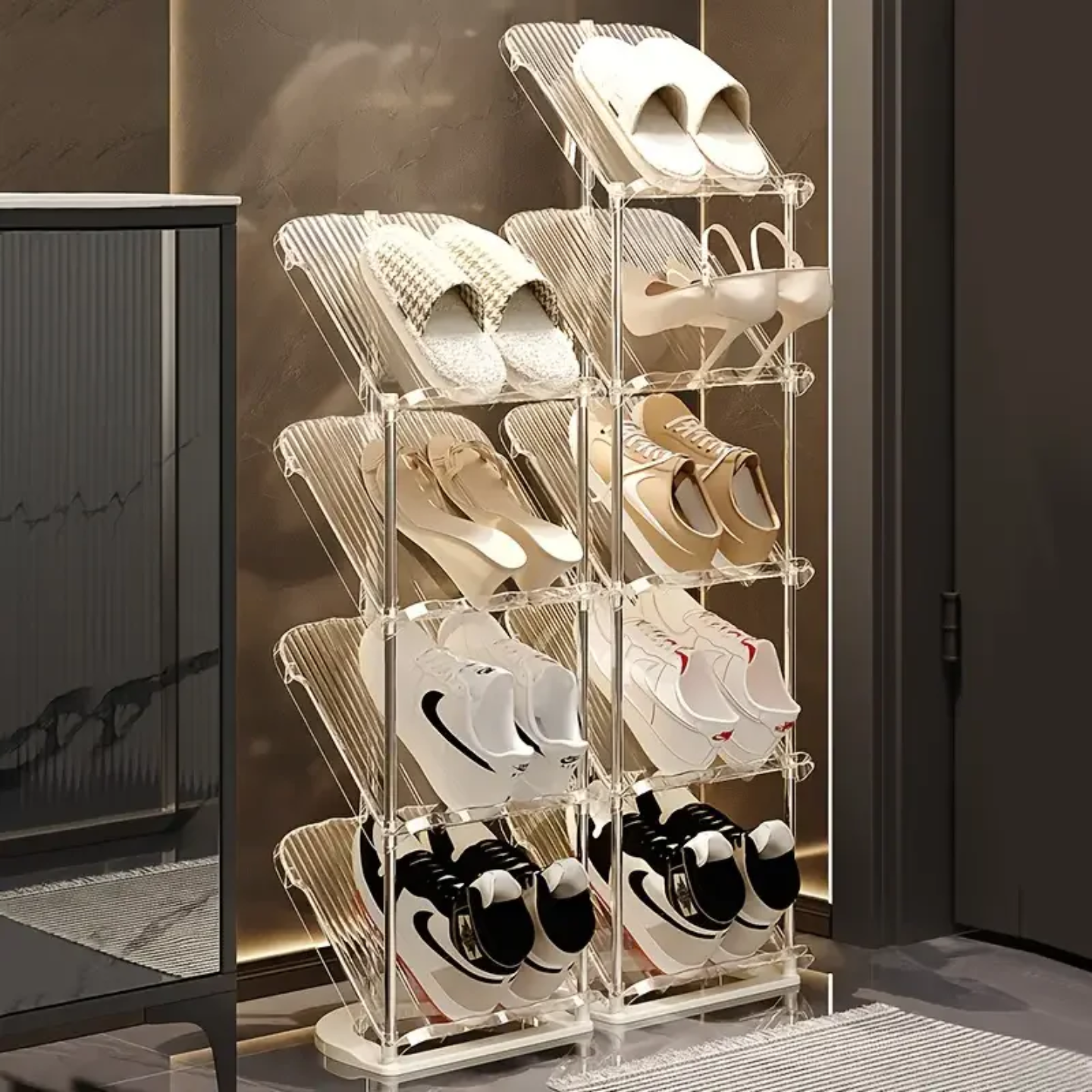 Shoes are Organized in a Vertical Shoe Rack Organizer Stand.