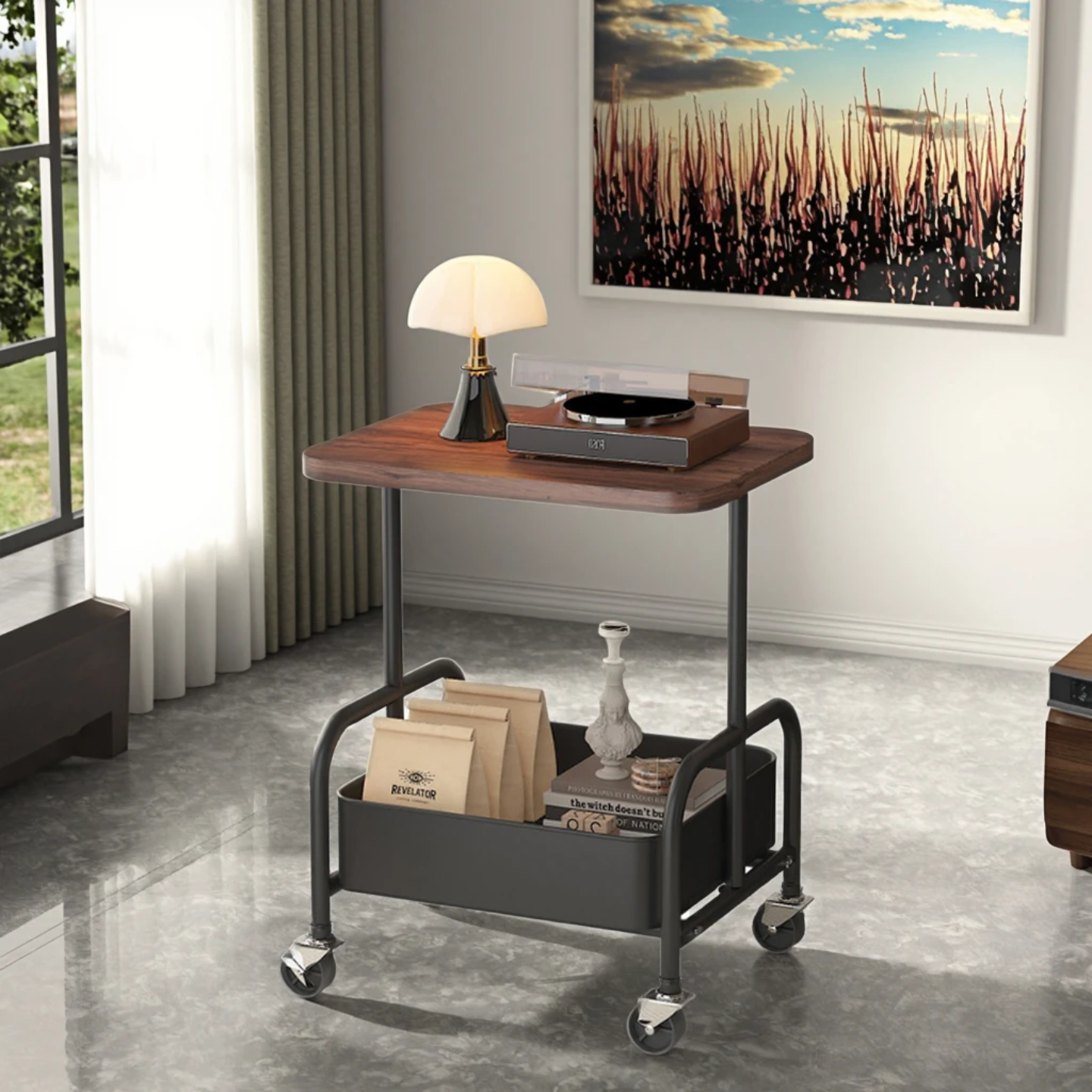 Vintage Mobile Multi-Function Side Table is Organized with Decor Items.
