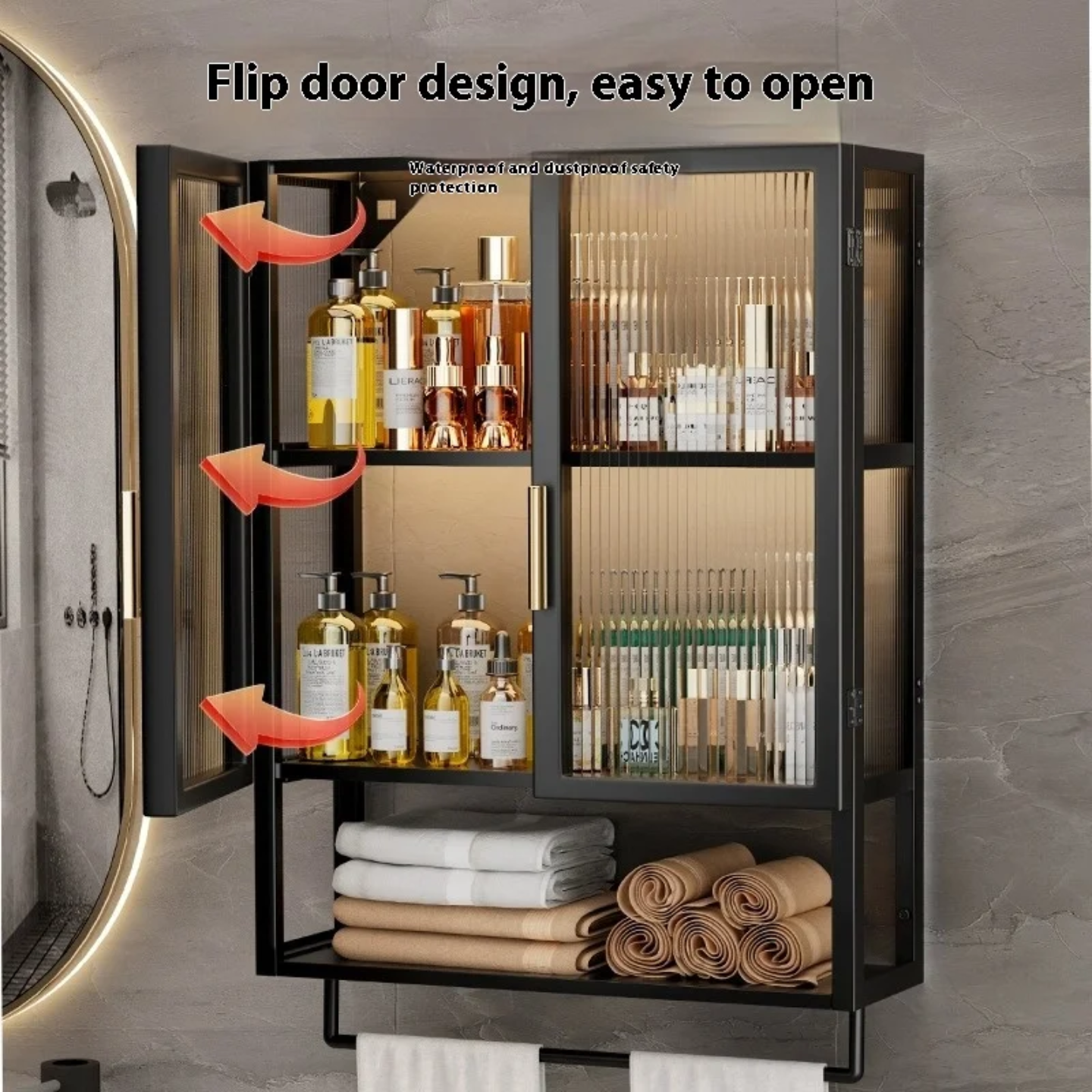 Wall-mounted storage organizer with ribbed glass doors, displaying neatly arranged bottles and cosmetics, and an open lower shelf holding folded towels