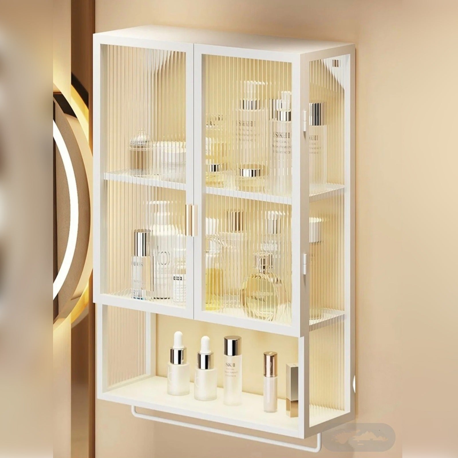 Wall-mounted storage organizer with ribbed glass doors, displaying neatly arranged bottles and cosmetics.