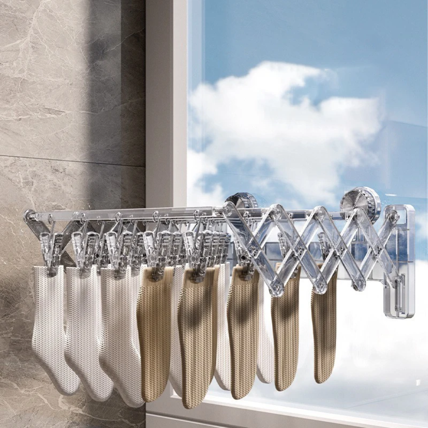 Wall Mounted Foldable Suction Cup Sock Cloth Drying Hanger Rack with Socks Hanged On it.