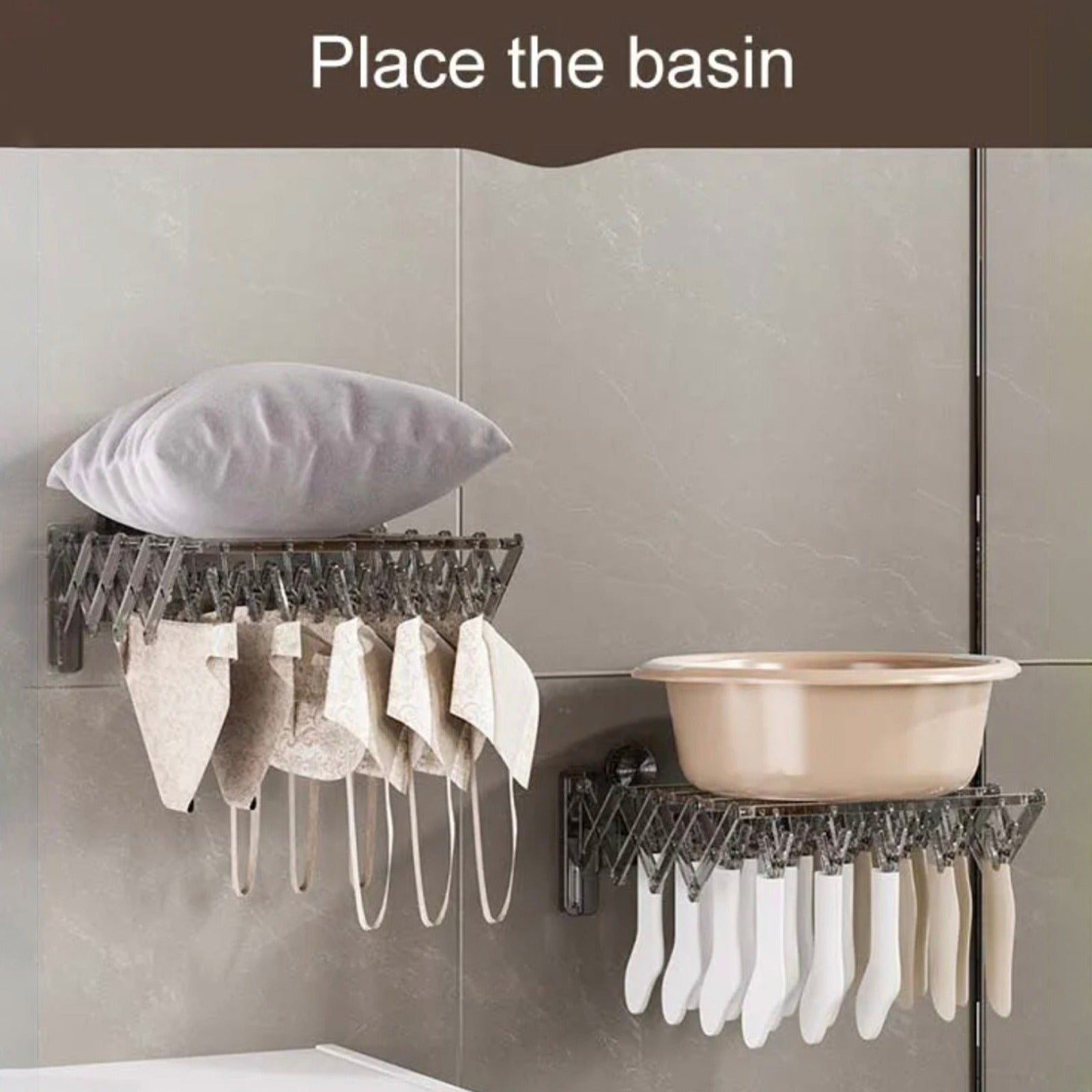 A Pillow and Basin is Placed on Wall Mounted Foldable Suction Cup Sock Cloth Drying Hangers.