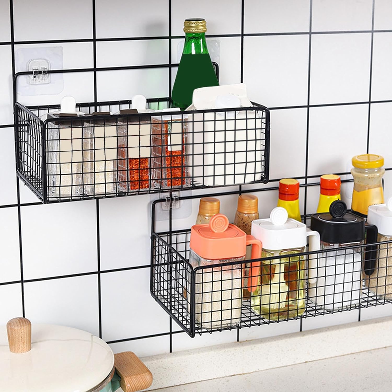 Wall Mounted Storage Basket Oragnized with Kitchen Essentials.