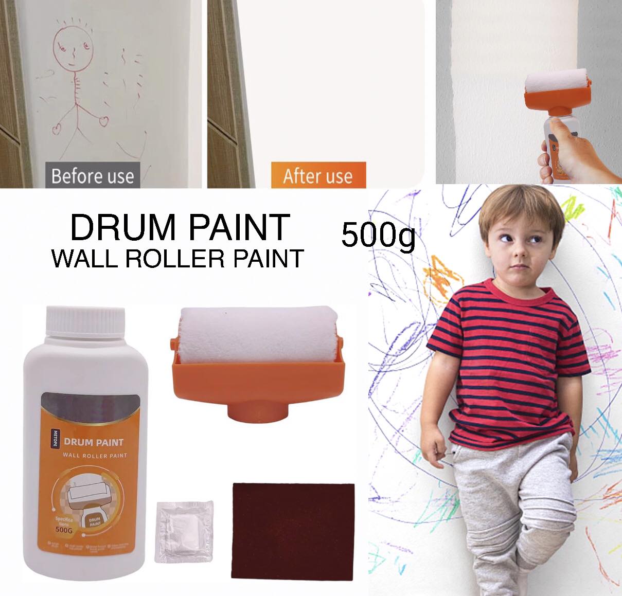 Before and After Use Of Wall Repair Paint Roller Kit.