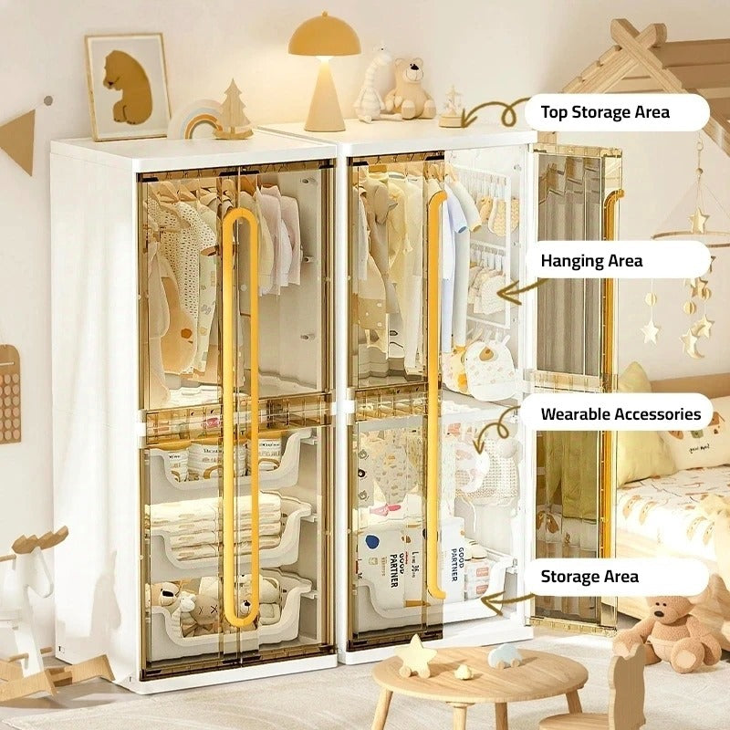 Different Parts Of Modern Wardrobe Cloth Storage Cabinet Rack Organized with Clothes.