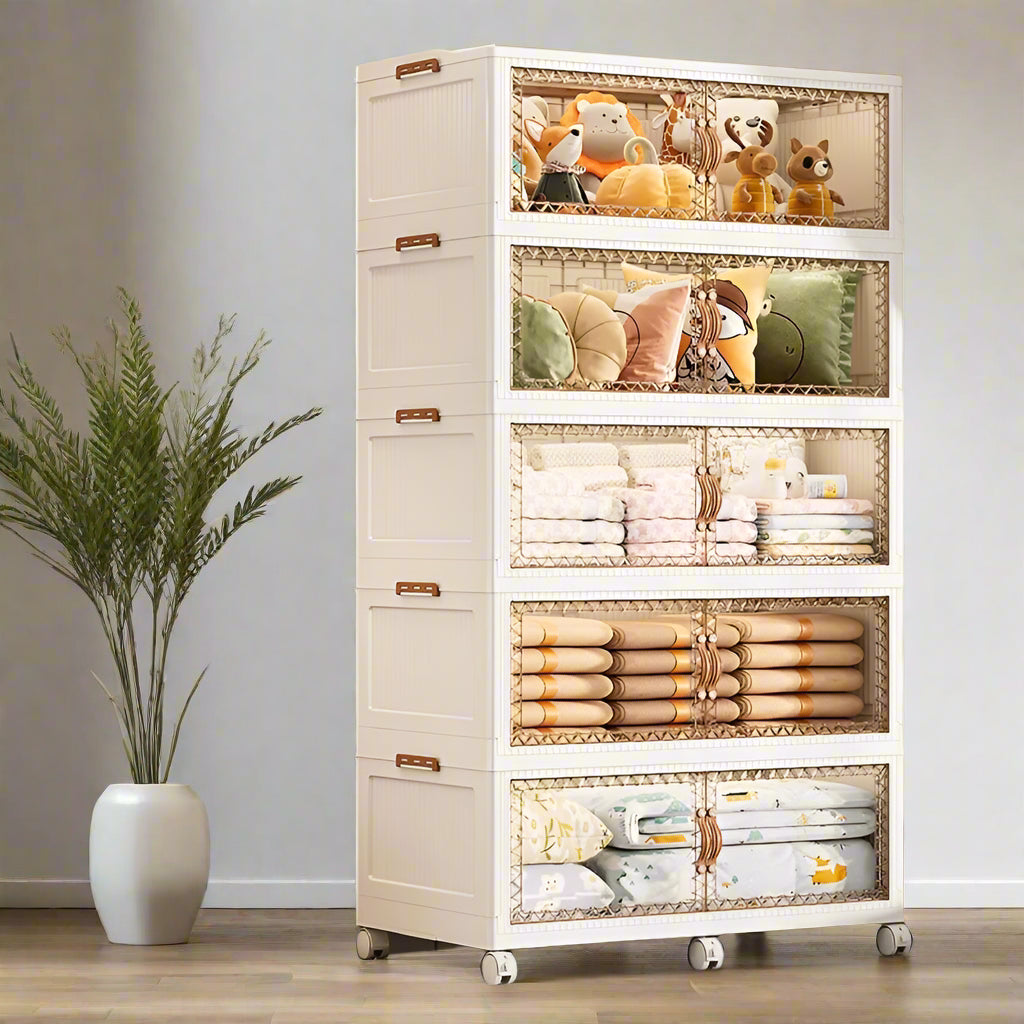 Wardrobe Storage Cabinet Organized with Bedsheets, Toys and Blankets.