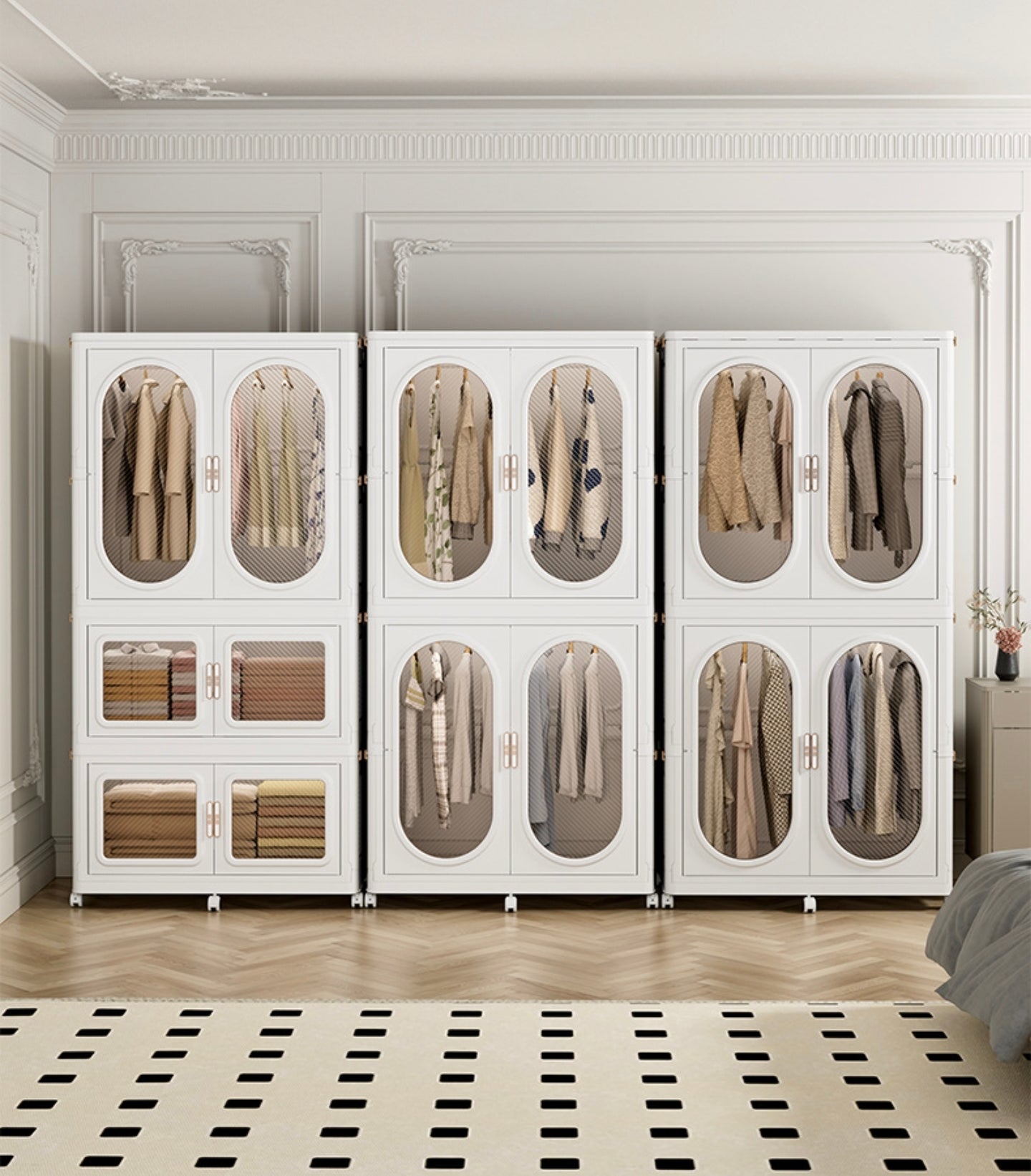 Wardrobe Storage Cabinet Shelf Bins Organized with Clothes.