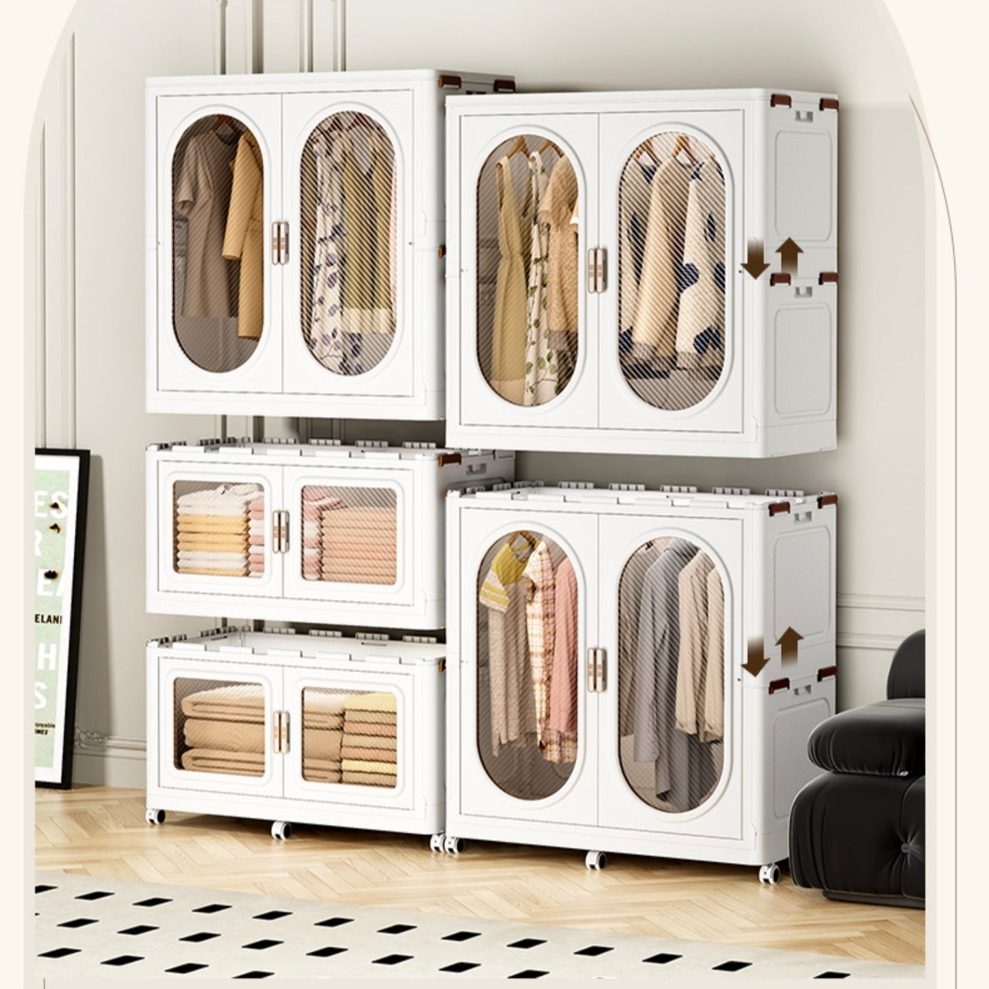 Wardrobe Storage Cabinet Shelf Bins Organized with Clothes.