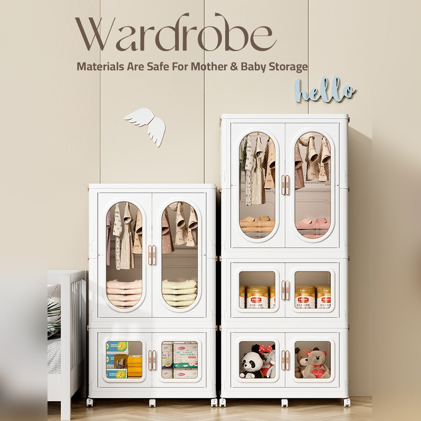 Wardrobe Storage Cabinet Shelf Bins Organized with Clothes and Baby Necessities.