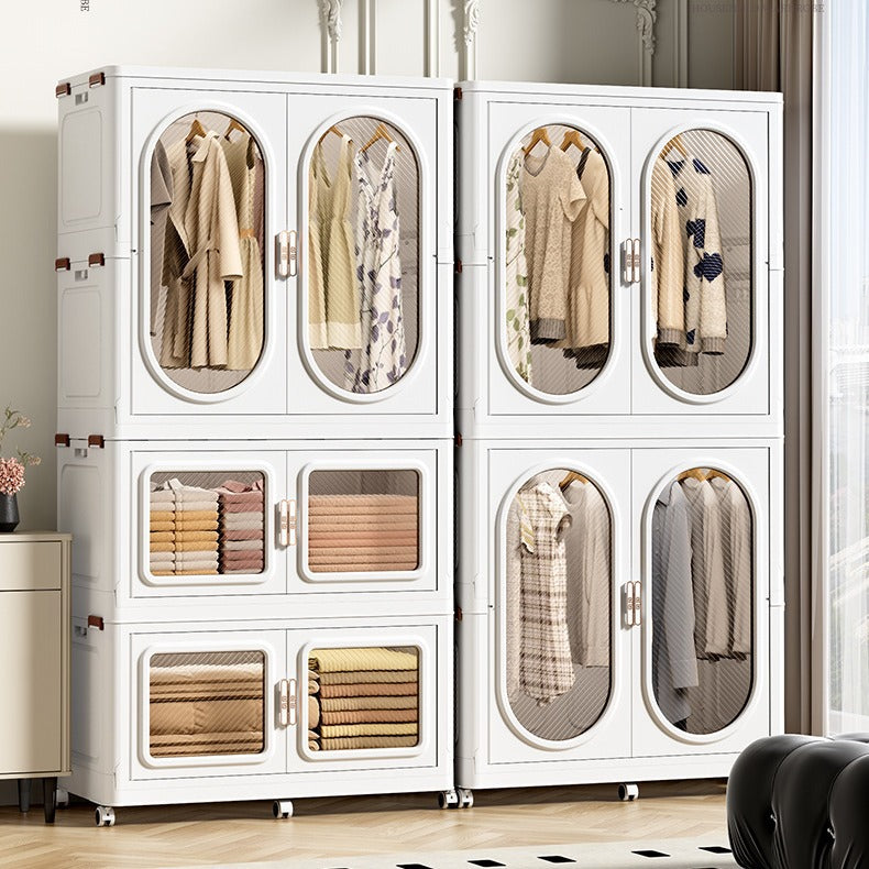 Wardrobe Storage Cabinet Shelf Bins Organized with Clothes.