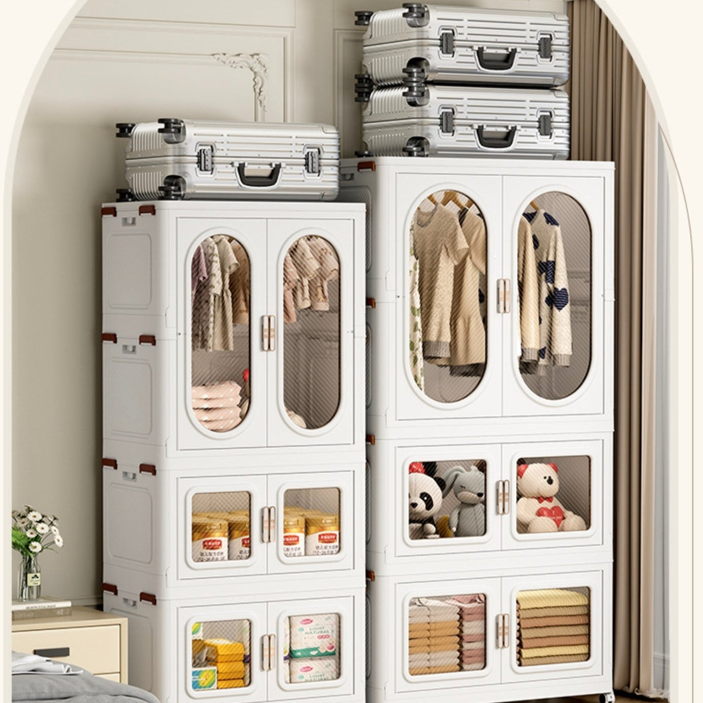 Wardrobe Storage Cabinet Shelf Bins Organized with Clothes.