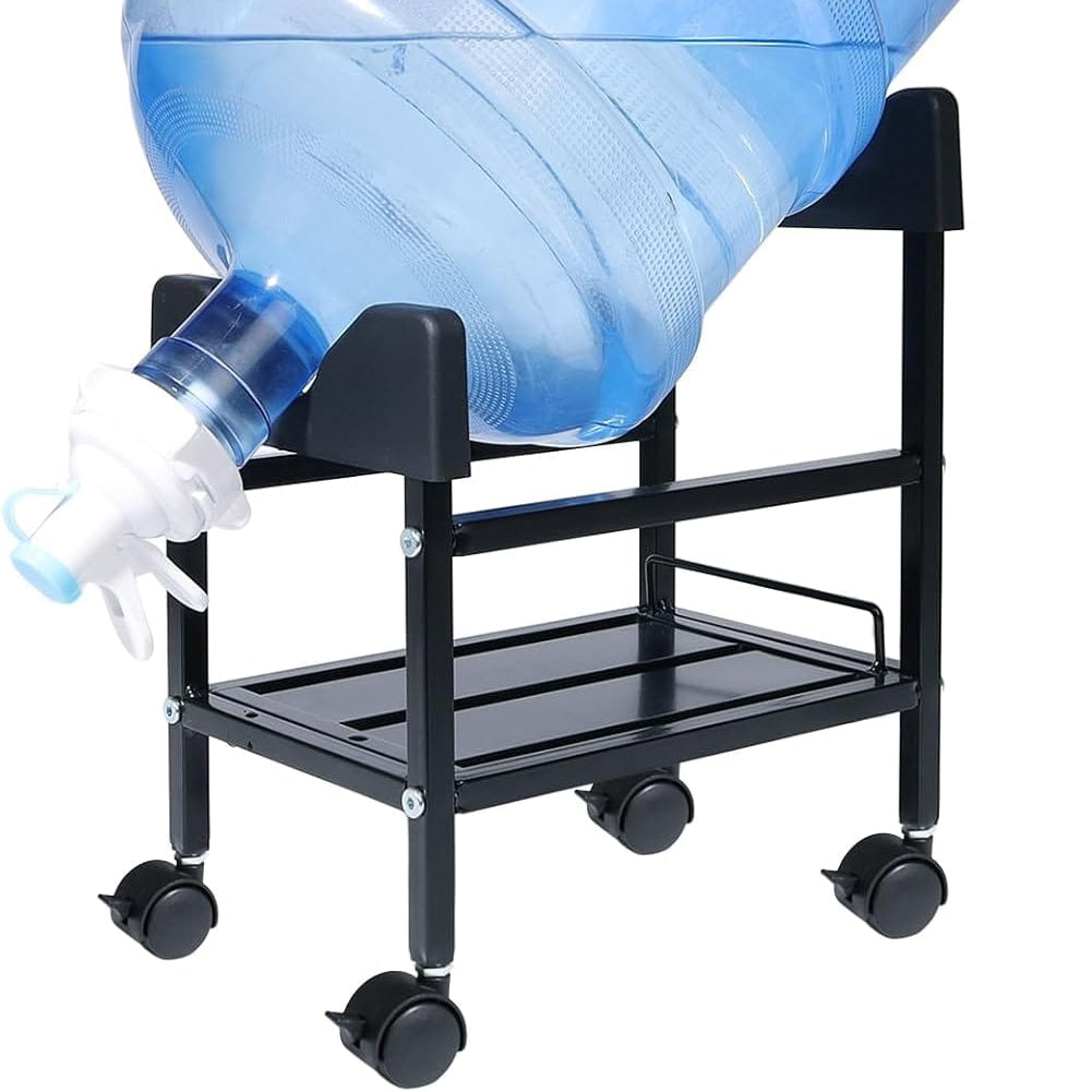Water dispenser stand with wheels holding a large blue water jug.