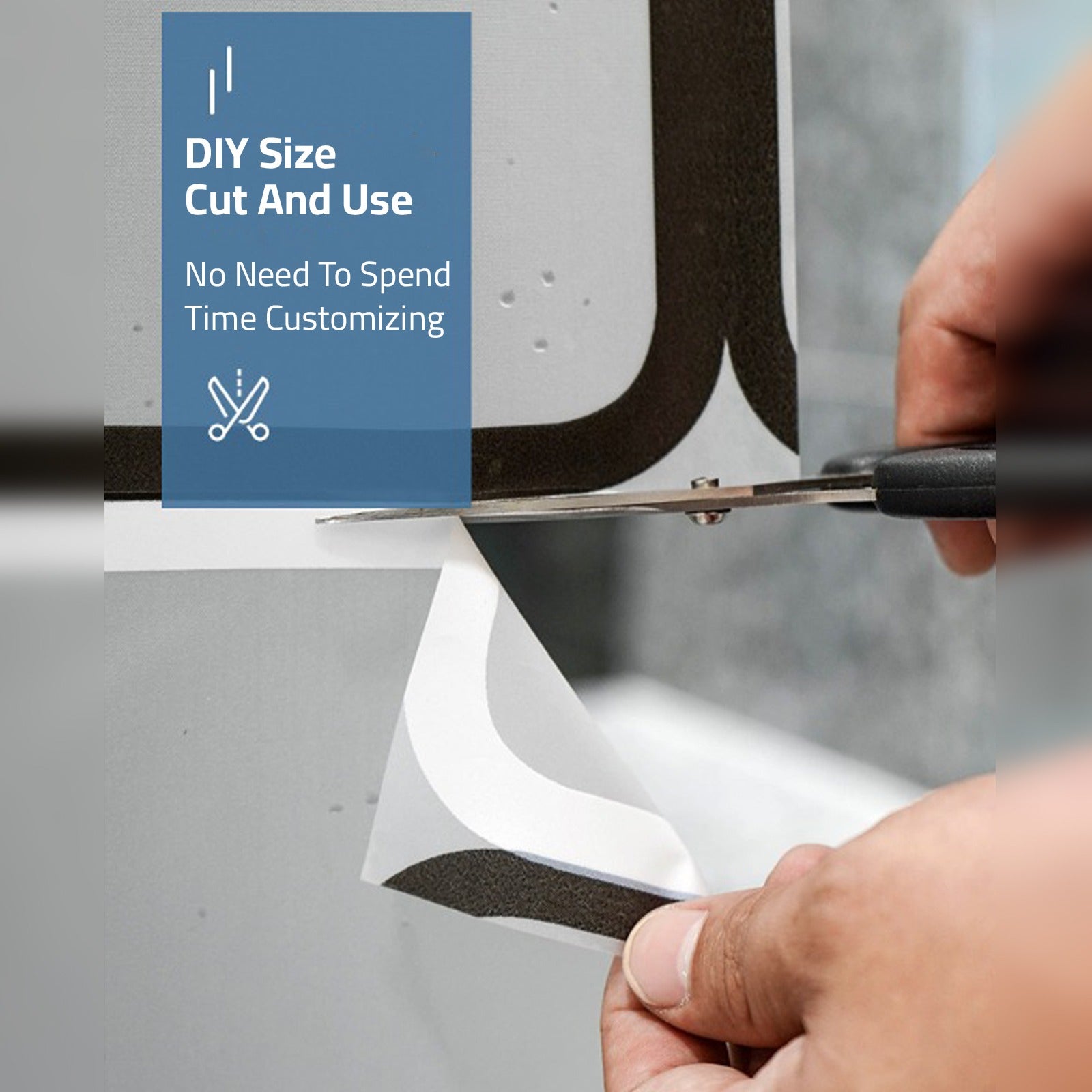 A Person is Cutting the Excess Part Of Waterproof Bathroom Shower Curtain Liner.