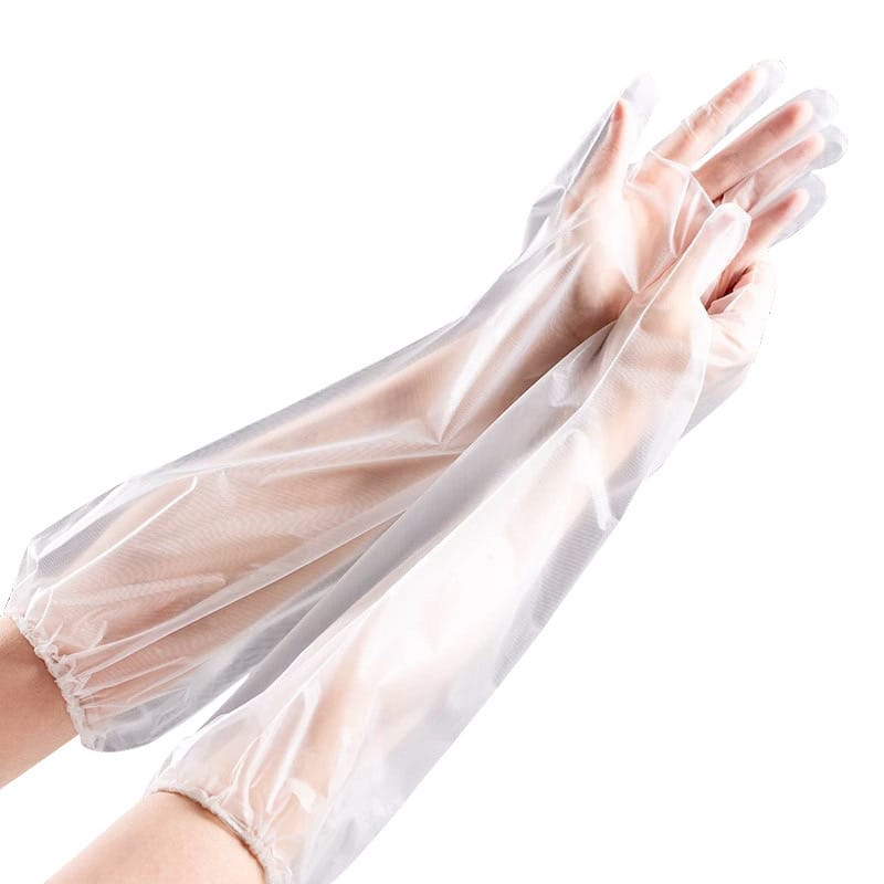 A Person Is Wearing Disposable Anti- Slip Wear Long Sleeve Glove.