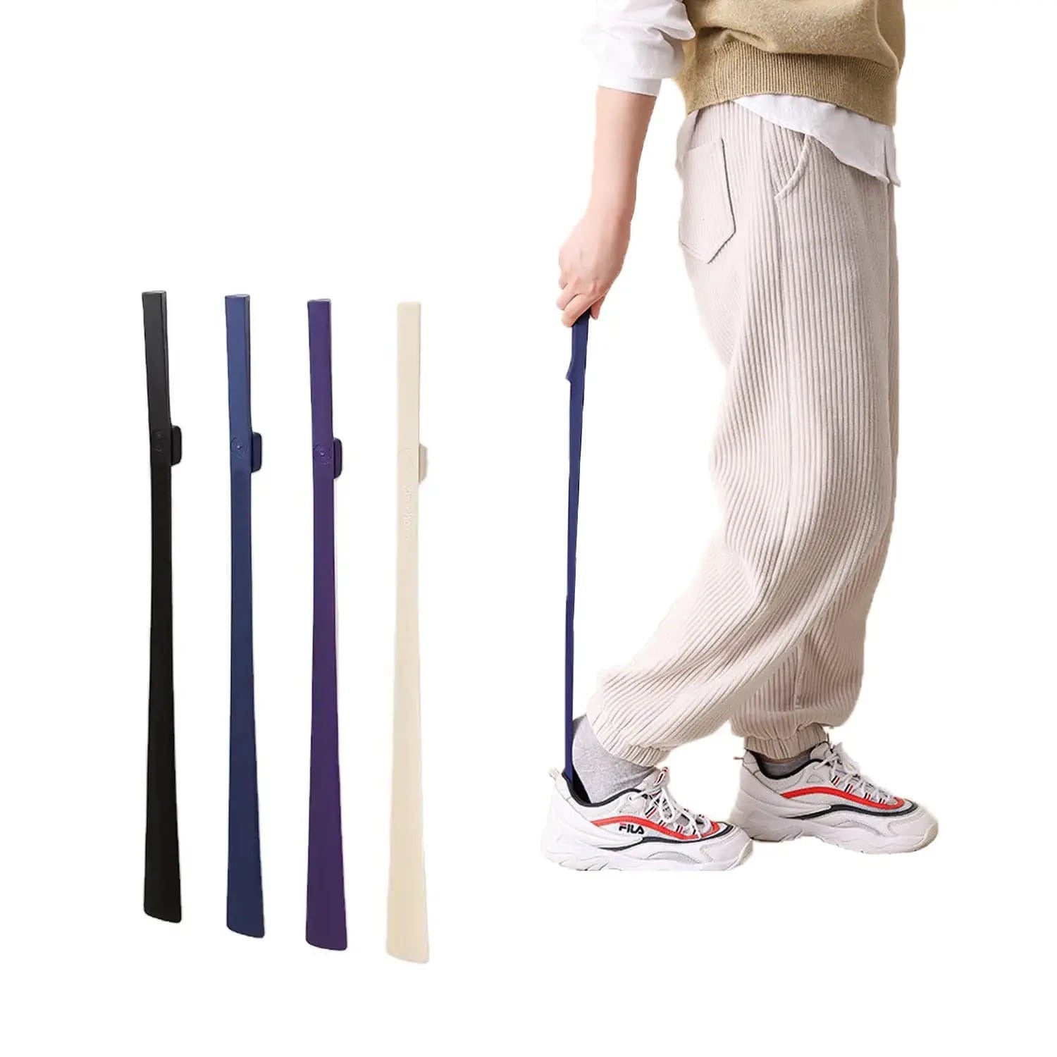 A Person is Wearing Shoe Using Long Handle Shoe Horn.
