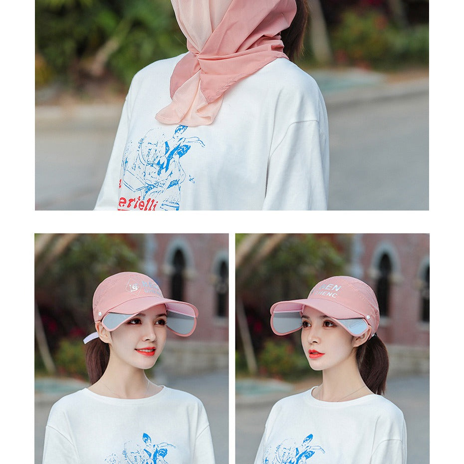 A Woman is Wearing Wide Brim Bucket Hat with Neck Cover.