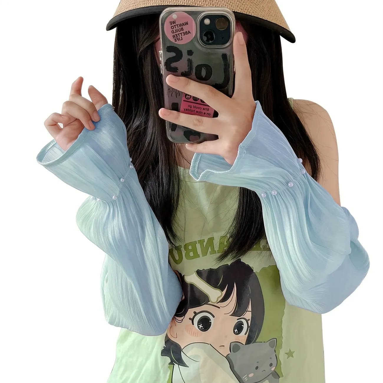 A Lady is Wearing Women Summer Arm Sleeves.