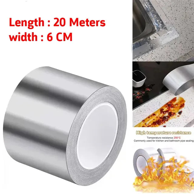 Collage image showcasing Leakproof Aluminum Foil Tape with its length and width on the other side image shows the 2 different areas where it is used and its high temperature resistance