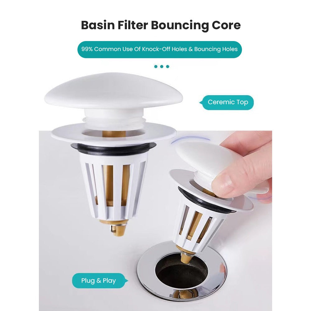 Someone placing the Bathroom Sink Stopper Drain Filter with Hair Catcher into the sink