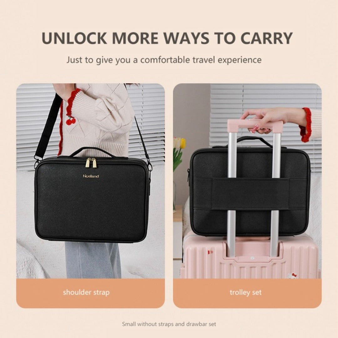 A Lady Traveling With Portable Travel Makeup Cosmetic Organizer Bag