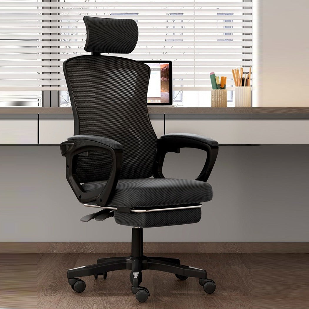 Black color Adjustable Office Chair with Wheels placed beside to an office desk