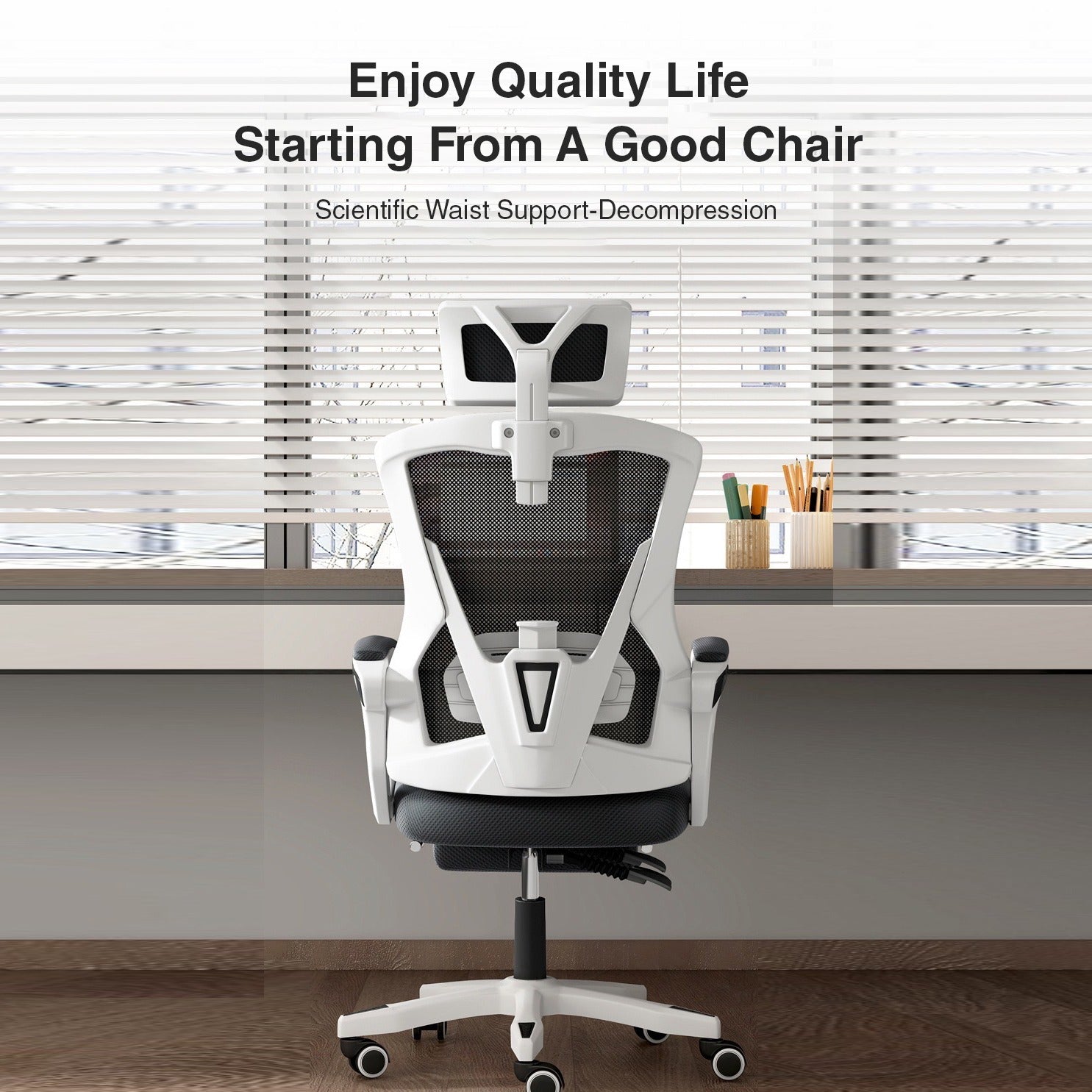 Showcasing the rear view of Adjustable Office Chair with Wheels placed in an office