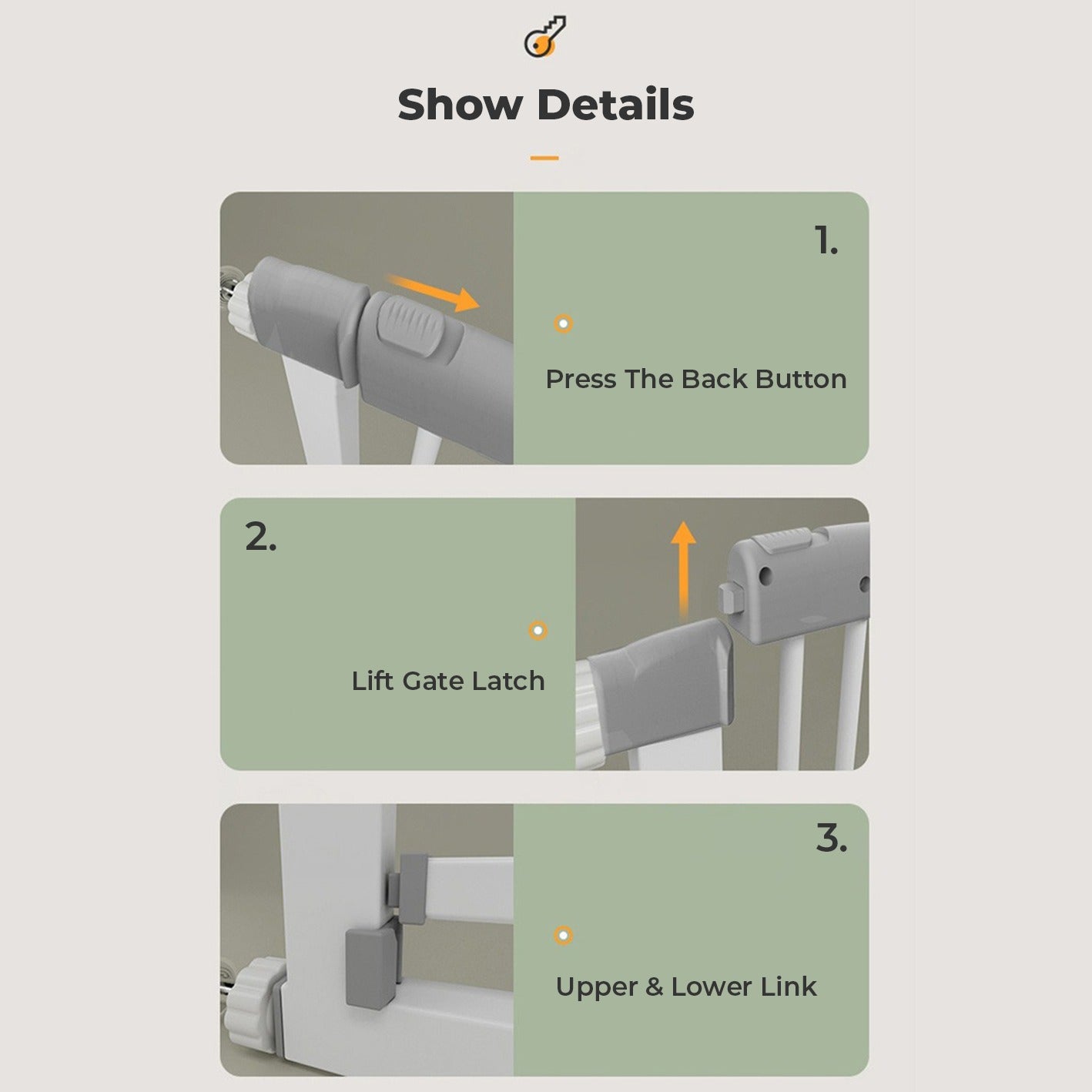 Image showing the 3 steps to fit the grill of Children Safety Gate on the frame in it