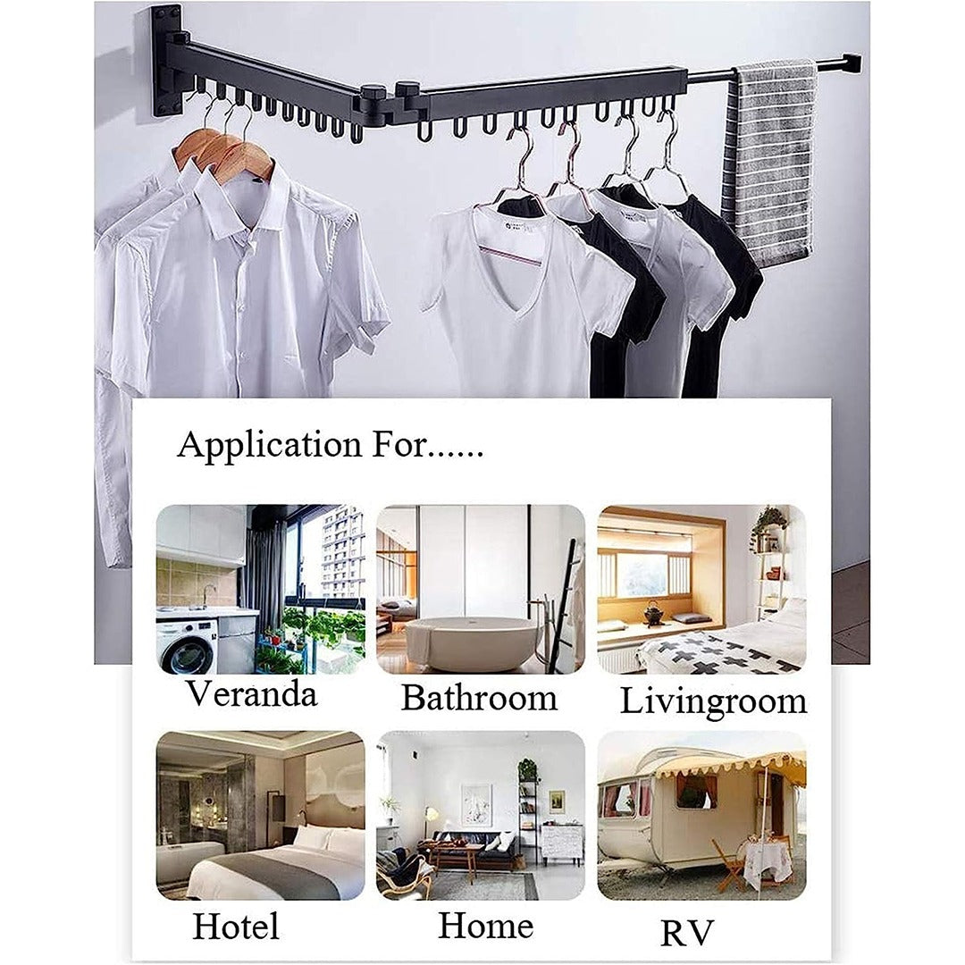 Image showcasing Collapsible Drying Hanger mounted on a wall along with another collage image which shows the suitable places to mount it