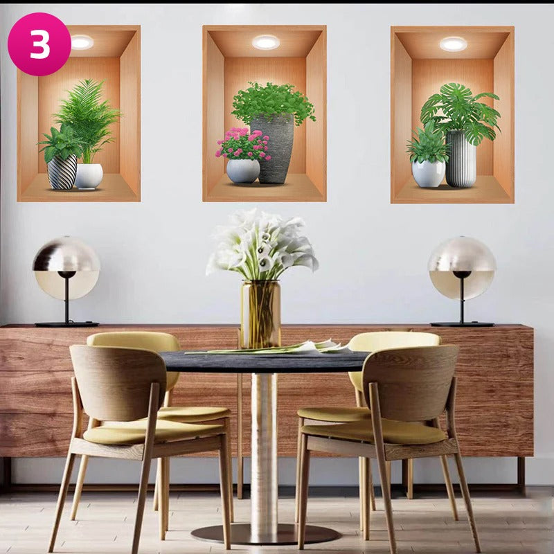 3D Effect Potted Triptych Posters, Decorative Wall Plant Stickers