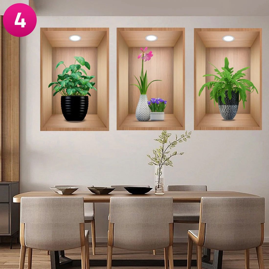 3D Effect Potted Triptych Posters, Decorative Wall Plant Stickers