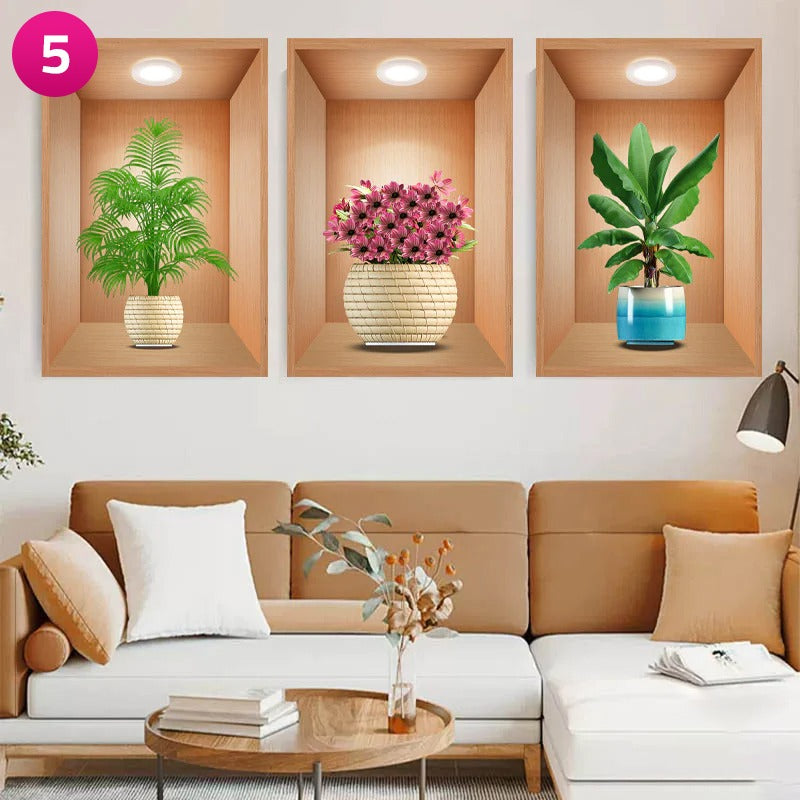 3D Effect Potted Triptych Posters, Decorative Wall Plant Stickers