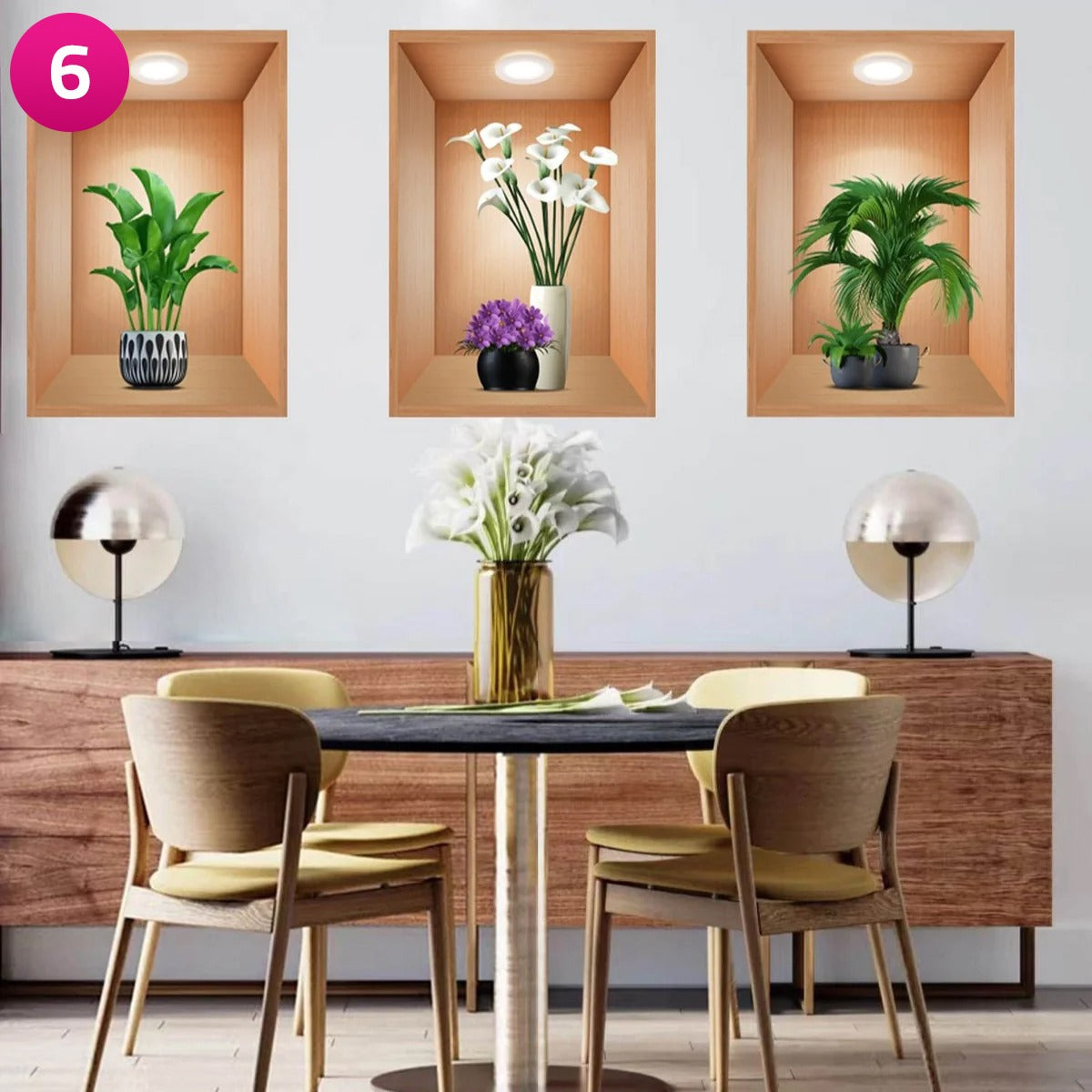 3D Effect Potted Triptych Posters, Decorative Wall Plant Stickers