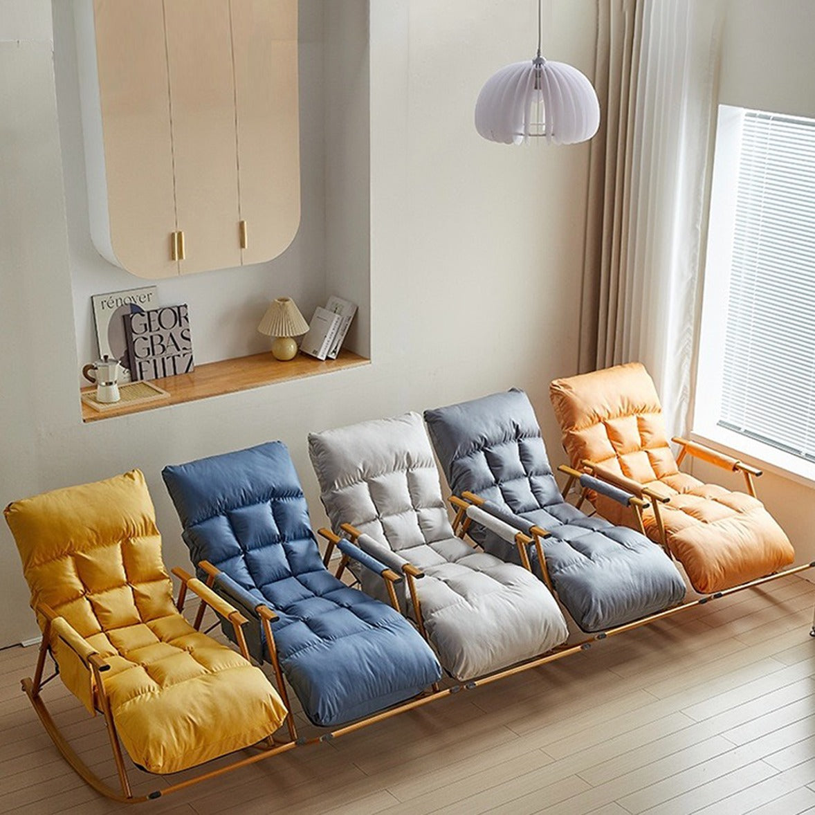 row of rocking chairs with leg rest