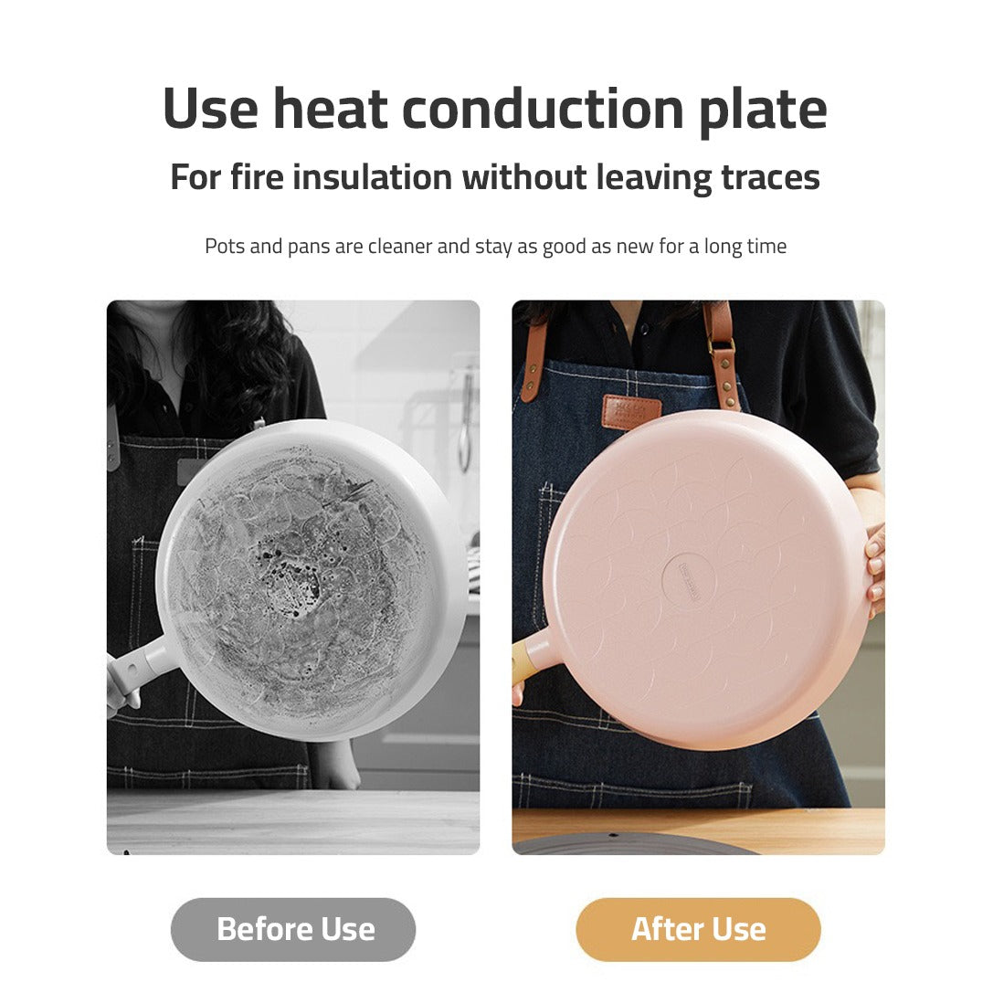 a collage of a person holding a pan before using Household Gas Stove Heat Conduction Plate and after using Household Gas Stove Heat Conduction Plate
