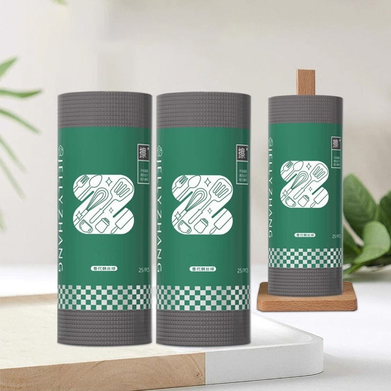 1 Roll/25pcs Disposable Kitchen Cleaning Cloth Roll - Product Showcase on wooden plate