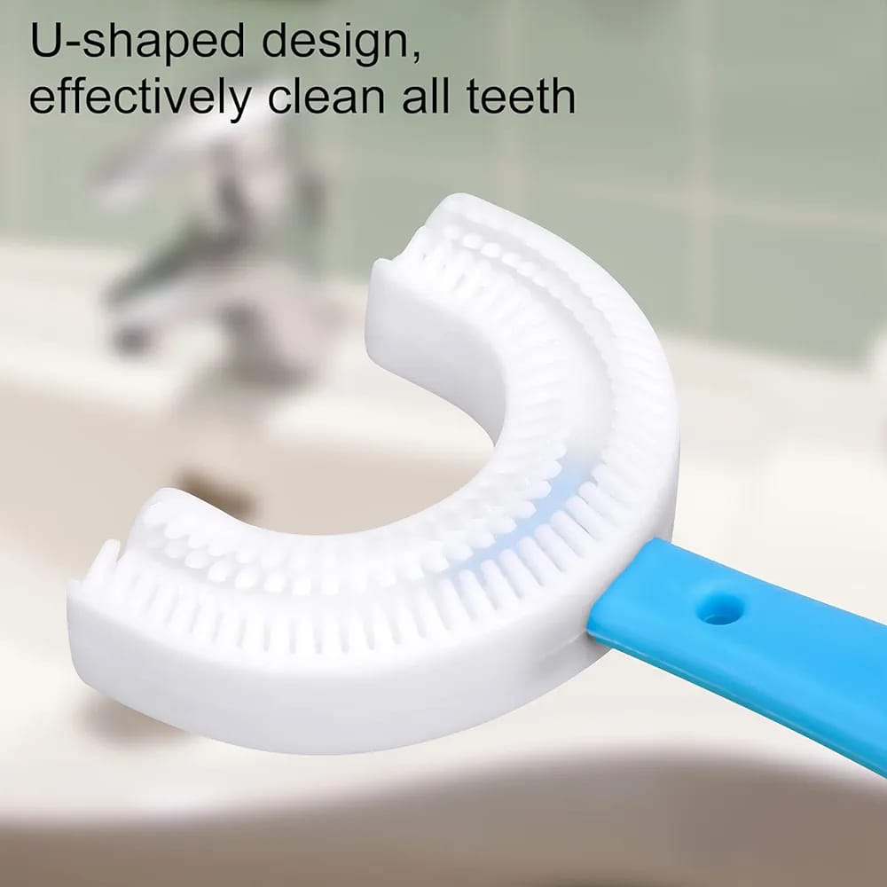 Exposing U-Shaped Kids Toothbrush next to washbasin