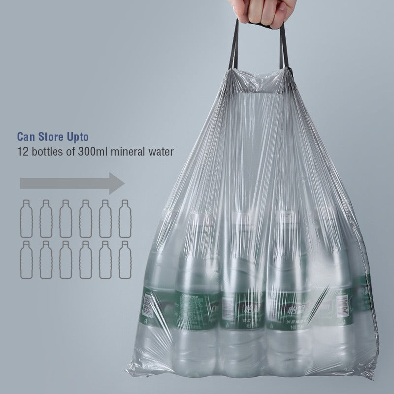 A person holding opened Drawstring Garbage Bag with 6 water bottle stored in it, showing it's capacity
