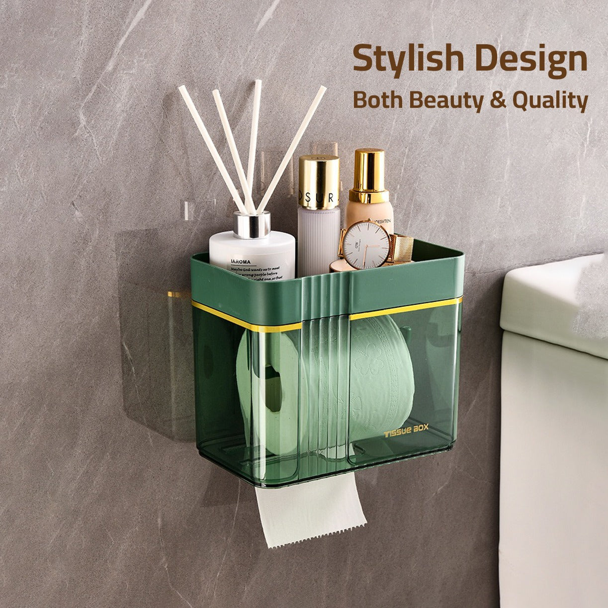 A tissue roll and cosmetic items stored in a Transparent Wall-Mounted Toilet Paper Holder with Storage Shelf