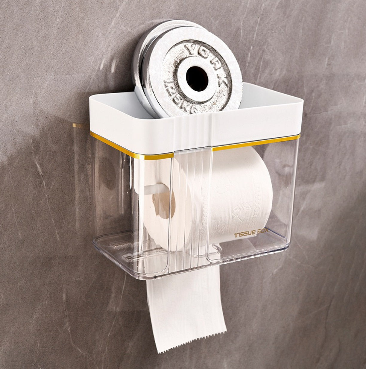 1.25 Kg dumbbell kept on top of Transparent Wall-Mounted Toilet Paper Holder with Storage Shelf