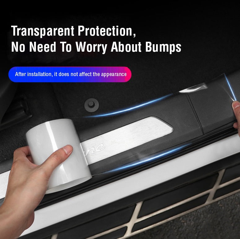 A person sticking transparent Anti-Scratch 5D Carbon Fiber Stickers on the footstep of a car